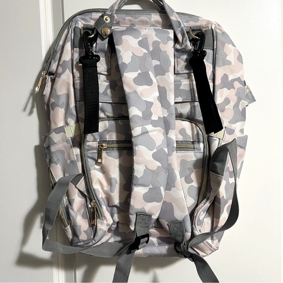 Shiada brand diaper bag backpack with a camouflage pattern in grey, pink, &white - Picture 2 of 15